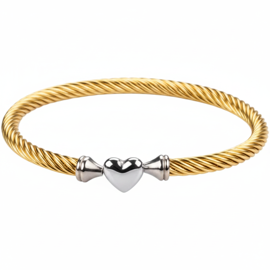 Bangle - Gold Cable with Silver Heart