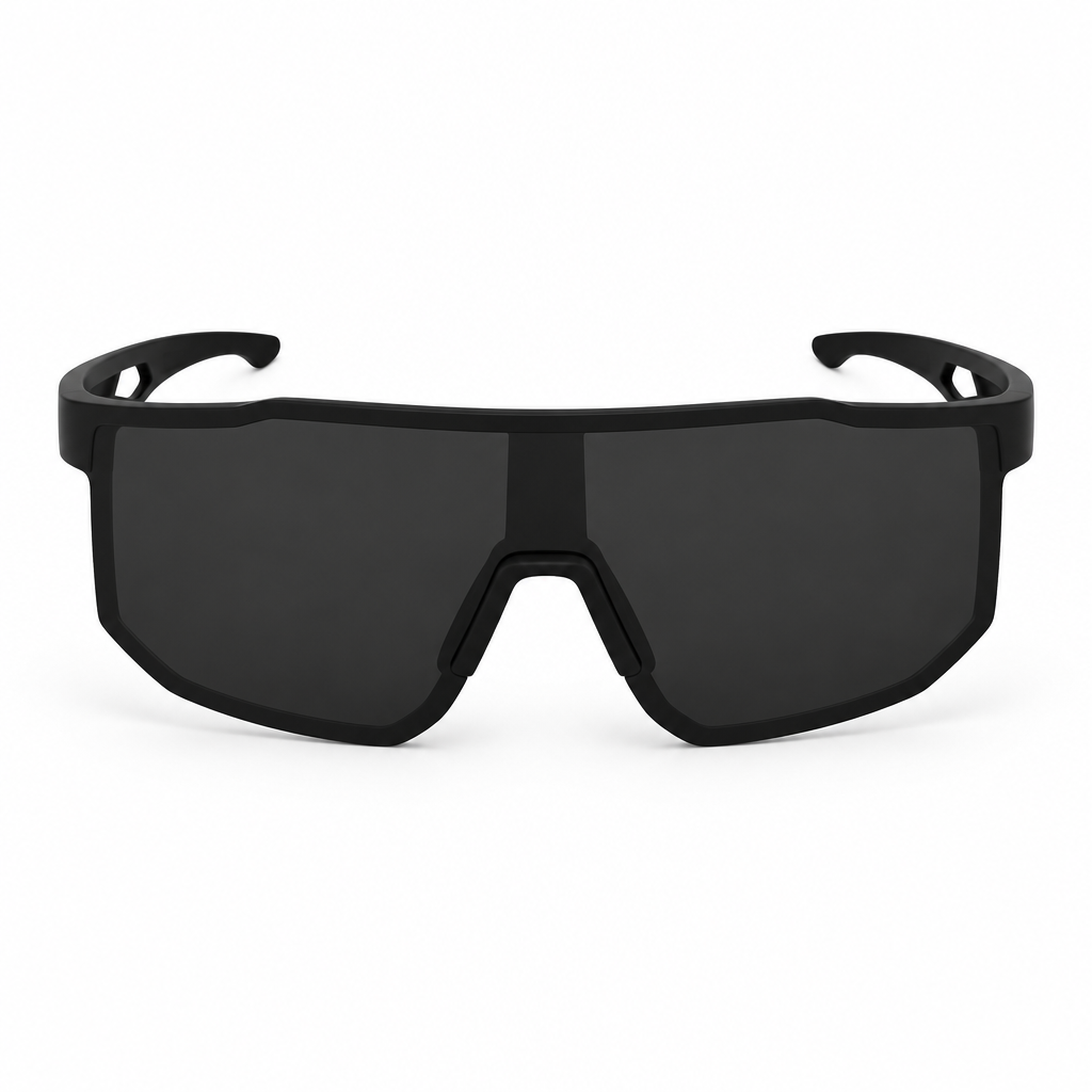 Straight-on front view of matte-black sport shield sunglasses