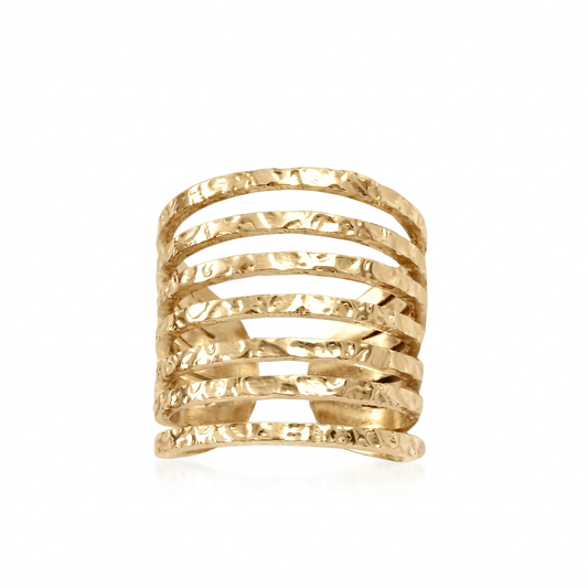 Gold-tone hammered multi-band ring on a white background